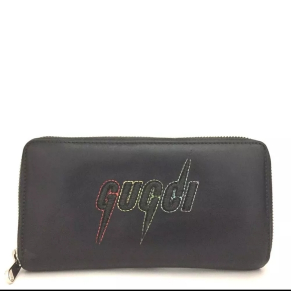 Gucci | Bags | Gucci Blade Embroidery Rainbow Logo Leather Zip Around ...